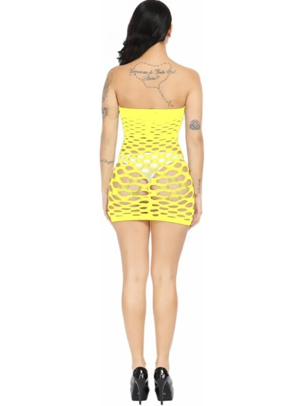 Women Yellow Sleeveless Pull On Mesh Lingerie Chemise Nightwear Fishnet Body Sui - Picture 2 of 6